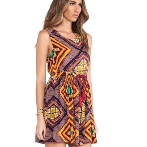 MINKPINK Dress Sleeveless Tassels Multicolor Yellow Red Moroccan Tile Size Small